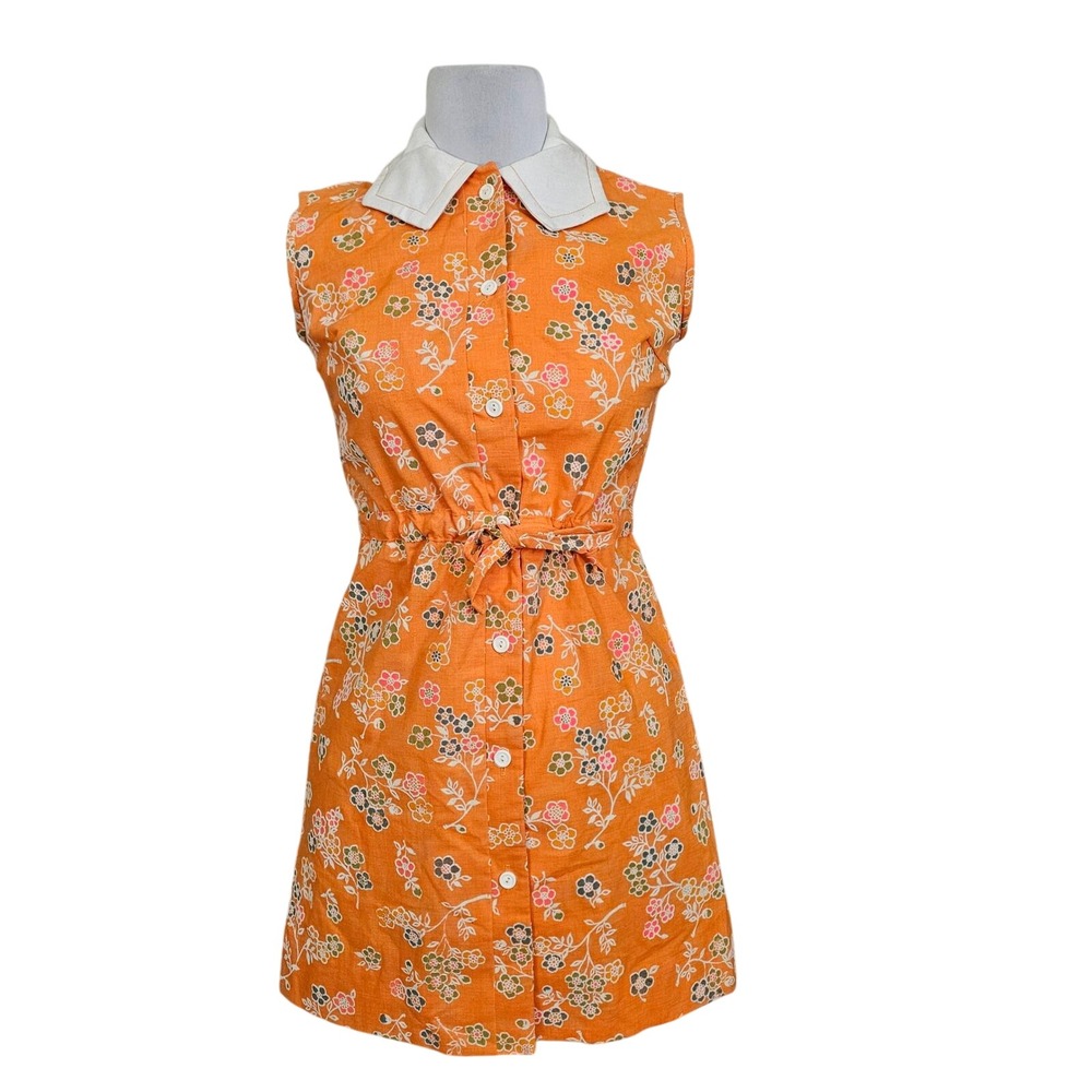 Vintage 60s Joseph Magnin Floral Shirt‎ Dress Orange Mod Belted Mini